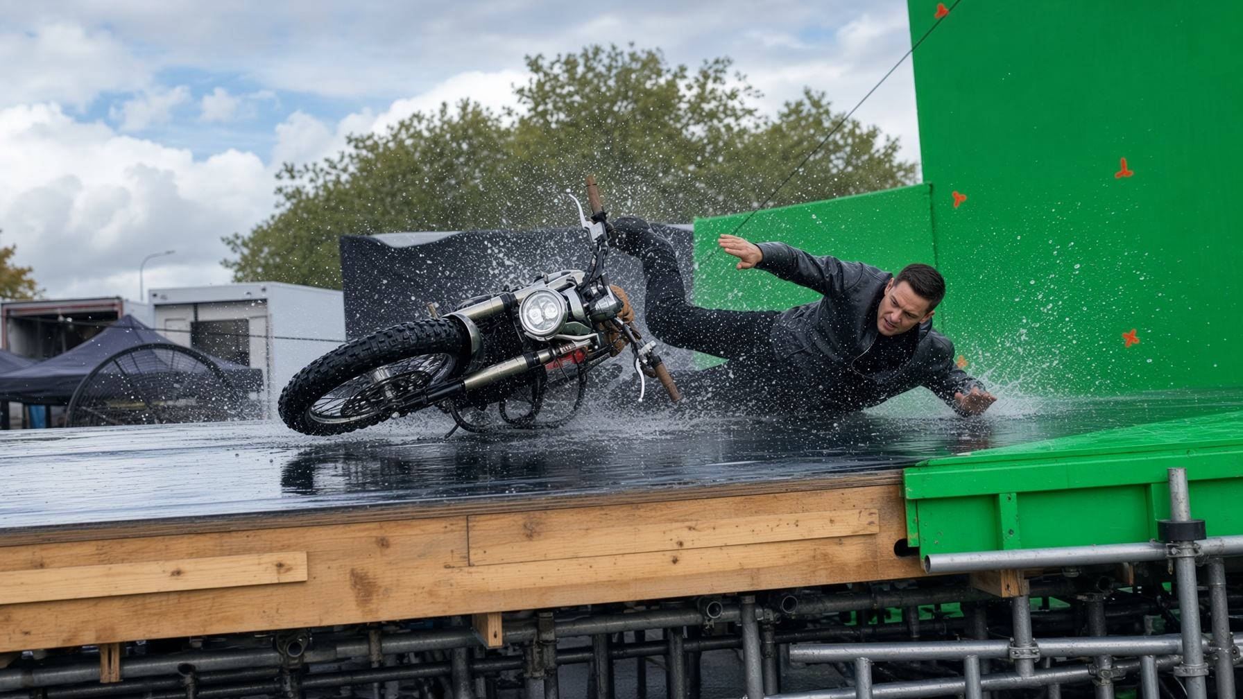 Chase Armitage performing a motorcycle crash stunt on a wet greenscreen set