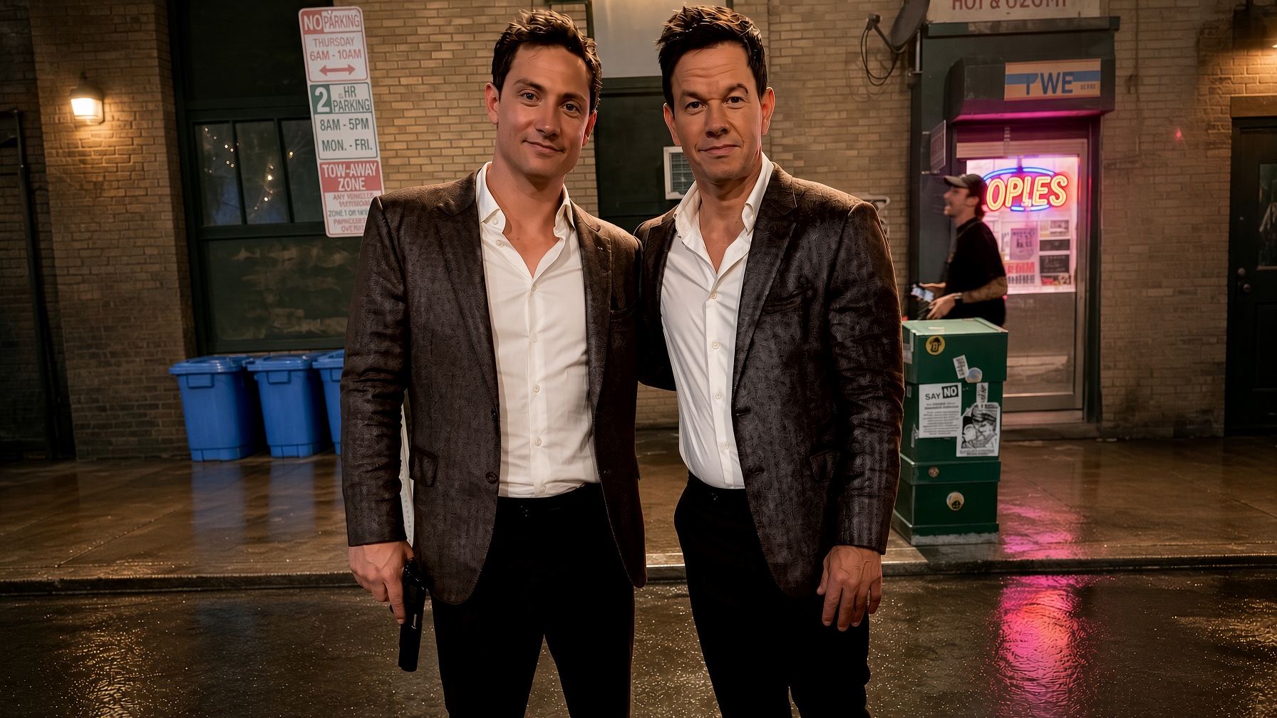 Chase Armitage standing with Mark Wahlberg on a wet neon-lit night street film set